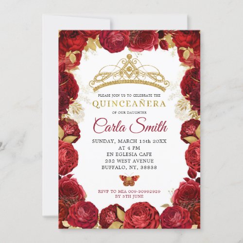 Gold and Red Roses Mis Quince Birthday Invitation