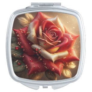 Gold and Red Roses with Dew Drops Compact Mirror