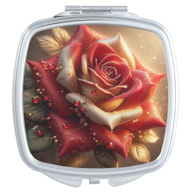 Gold and Red Roses with Dew Drops Compact Mirror (Front)