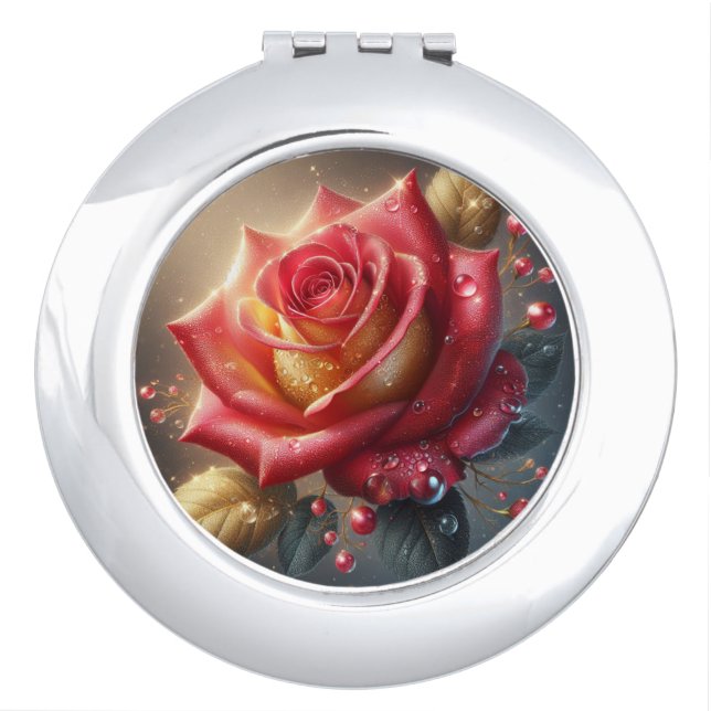 Gold and Red Roses with Dew Drops Compact Mirror (Front)