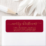 Gold and Red Script Christmas Return Address Label<br><div class="desc">Modern Elegant Gold Script Red Family  Name Christmas Return Address Labels. Featuring a pretty hand-written calligraphy swash-tail font script with saying "Merry Christmas". Great for Christmas holiday season,  easy to personalize them with your names and return address info.</div>