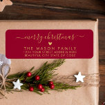 Gold and Red Script Heart Christmas Return Address Label<br><div class="desc">Elegant,  Modern Gold and Red Script Christmas Family Return Address Labels. Featuring a pretty hand-lettered swash-tail font calligraphy script with saying "Merry Christmas" and a little love heart motif. Great for Christmas holiday season,  easy to personalize them with your names and return address info.</div>