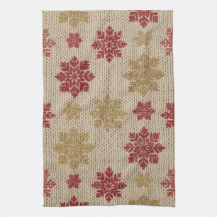 Gold and Red Snowflake Knit Pattern on Cream Kitchen Towel