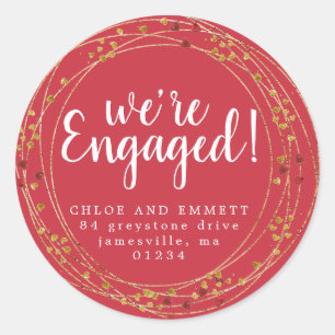 Gold and Red Star Engagement Party Return Address Classic Round Sticker