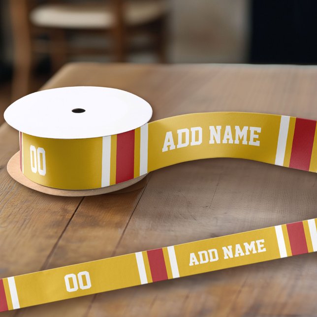 Gold and Red Striped Jersey Personalized Satin Ribbon (Custom Ribbon - add your personalized text)