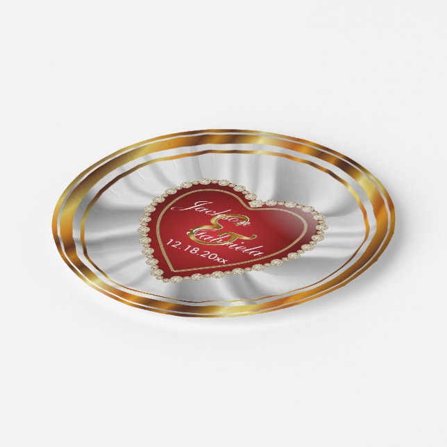 Gold and Red Wedding or Anniversary Paper Plates (Angled)