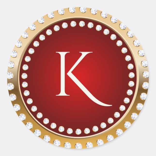 Gold and Red White Diamonds Monogram Classic Round Sticker (Front)