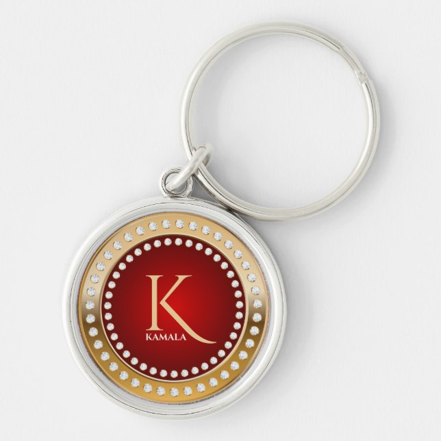Gold and Red White Diamonds Monogram Keychain (Front)