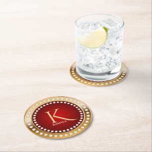 Gold and Red White Diamonds Monogram Round Paper Coaster