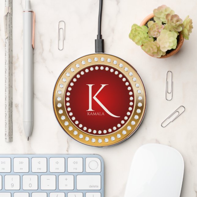 Gold and Red White Diamonds Monogram Wireless Charger (Desk)