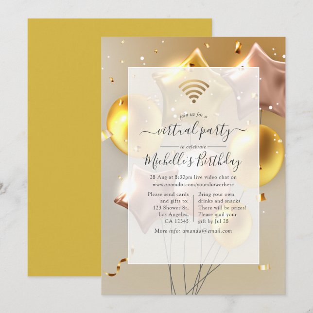 Gold and Rose Gold Balloons Virtual Birthday Party Invitation (Front/Back)