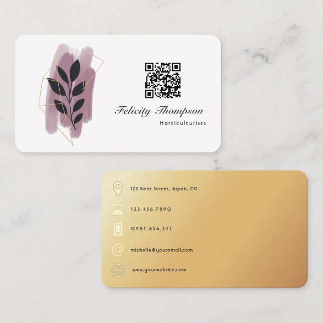 Gold and Rose Gold Brush Strokes QR Code Business Card (Front/Back)
