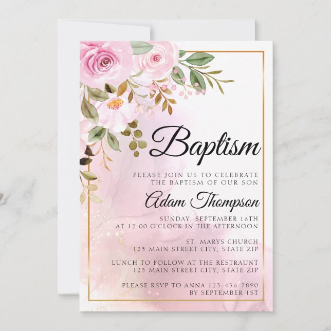 Gold and Rose Marble Pink Baptism Invitation (Front)