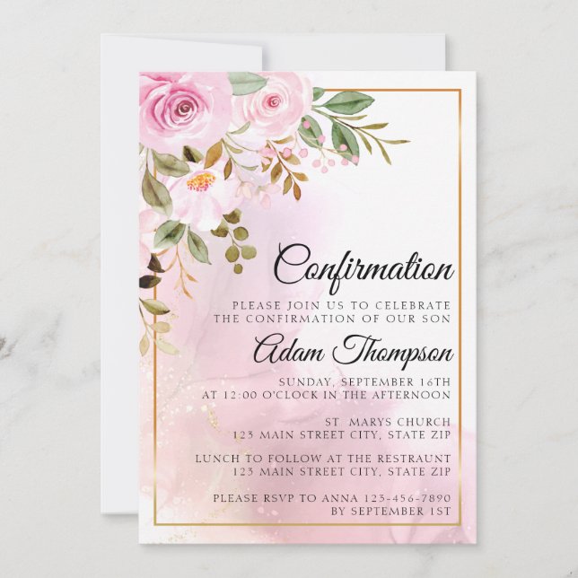 Gold and Rose Marble Pink Confirmation Invitation (Front)