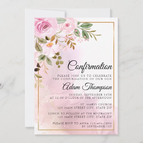 Gold and Rose Marble Pink Confirmation Invitation