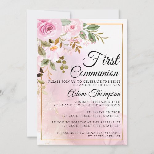 Gold and Rose Marble Pink First Communion Invitation
