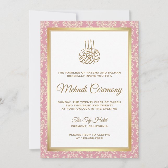 Gold and Rose Pink Damask Islamic Mehndi Ceremony Invitation (Front)