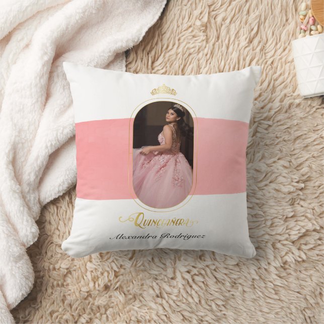 Gold and Rose Pink Photo Quinceanera Kneeling Throw Pillow (Blanket)