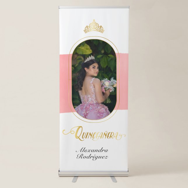 Gold and Rose Pink Photo Quinceanera Retractable Banner (Front)