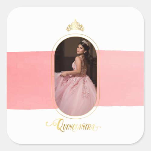 Gold and Rose Pink Photo Quinceanera Square Sticker