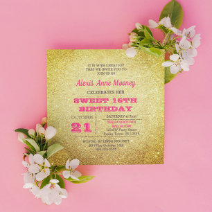 Gold and Rose Tourmaline Pink Glitter Sweet 16 Invitation