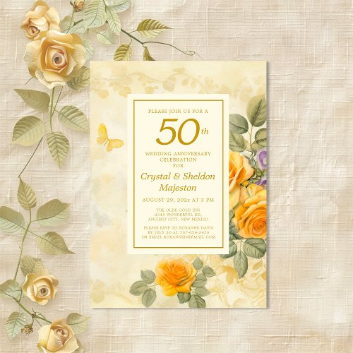 Gold and Roses 50th Wedding Anniversary Invitation