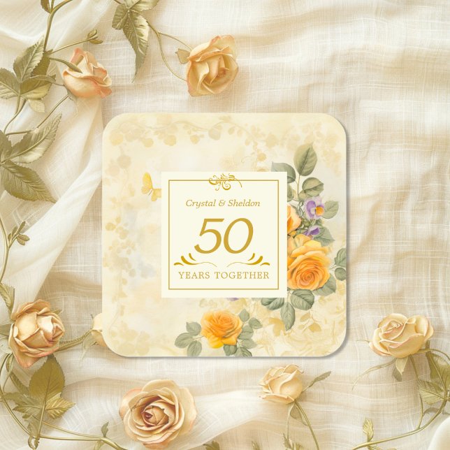 Gold and Roses 50th Wedding Anniversary Sticker (Gold Yellow Roses 50th Wedding Anniversary sticker)