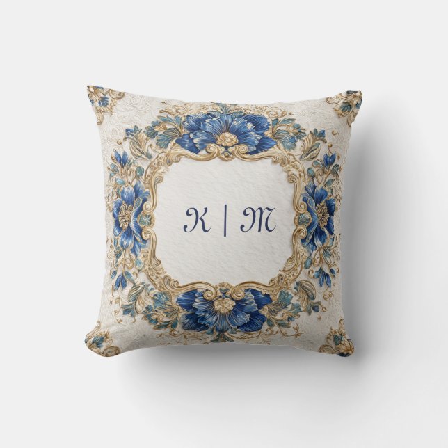Gold and Royal Blue Floral Baroque Round Frame Throw Pillow (Front)