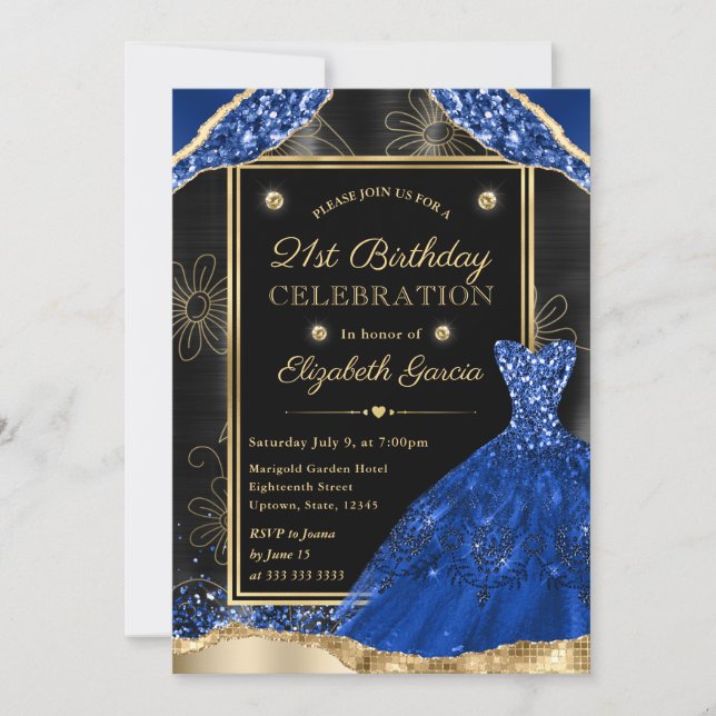 Gold and Royal Blue Glitter Dress 21st Birthday Invitation (Front)