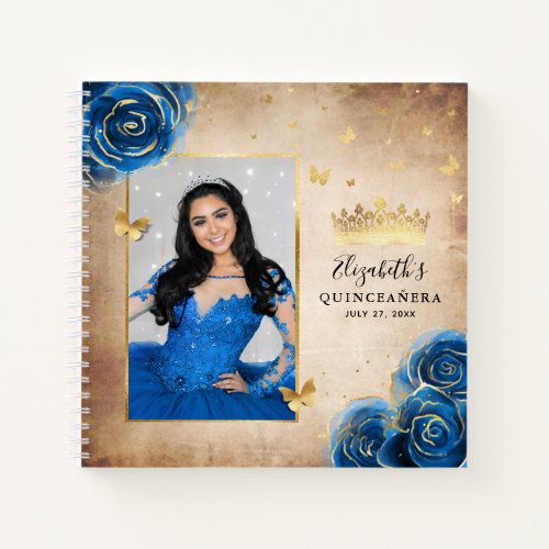Gold and Royal Blue Roses Photo Quinceanera Guest Notebook