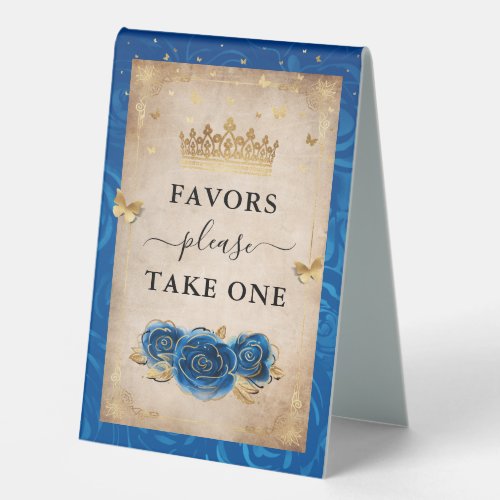 Gold and Royal Blue Roses Photo Template Favors Table Tent Sign