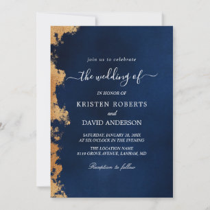 gold and royal blue wedding invitation