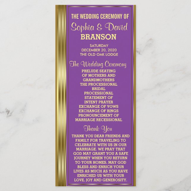 Gold and Royal Purple Wedding Custom Program (Front)