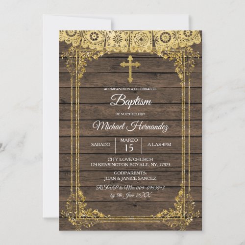 Gold and Rustic Brown Spanish Baptism Invitation