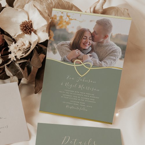 Gold and Sage Green Photo Wedding Foil Invitation