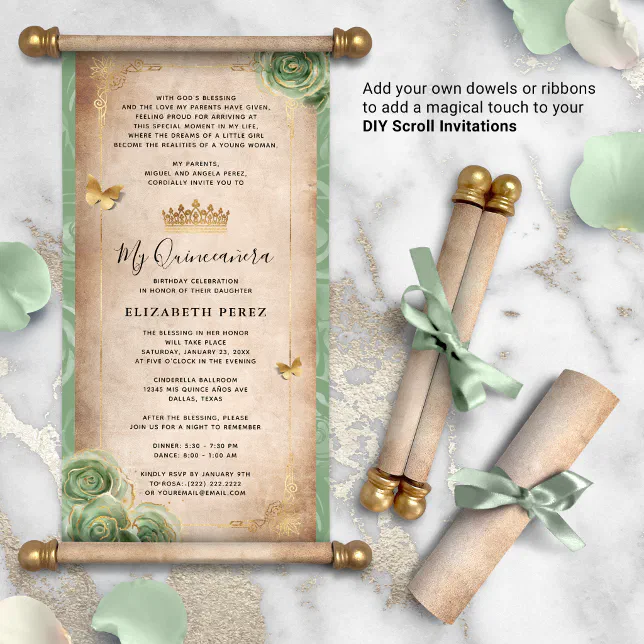 Gold and sage green quince diy scroll invitations zazzle