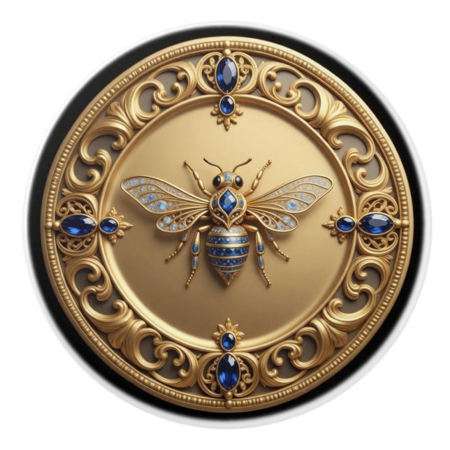 Gold and Sapphire Studded Honey Bee Ceramic Knob (Front)