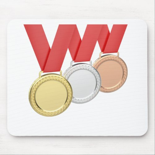 Gold and silver and bronze medals with red ribbons mouse pad
