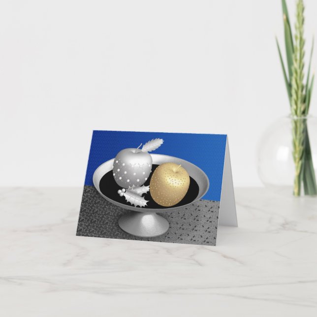 Gold  and silver apples on a silver pedestal holiday card (Front)