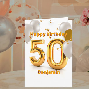 Gold and Silver Balloons Confetti 50th Birthday Card