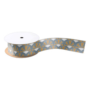 Gold and Silver Blue Art Deco Fan Flowers Pattern Satin Ribbon