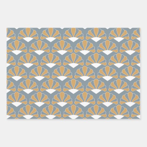 Gold and Silver Blue Art Deco Fan Flowers Pattern Wrapping Paper Sheets