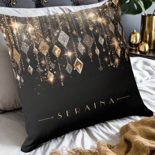 Gold and Silver Boho Gems on Black ID1035 Throw Pillow