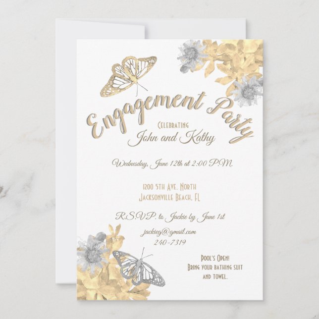 Gold and Silver Butterflies Engagement Invitation (Front)