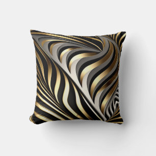 Gold and Silver Curved Waves with Black Shadows Throw Pillow