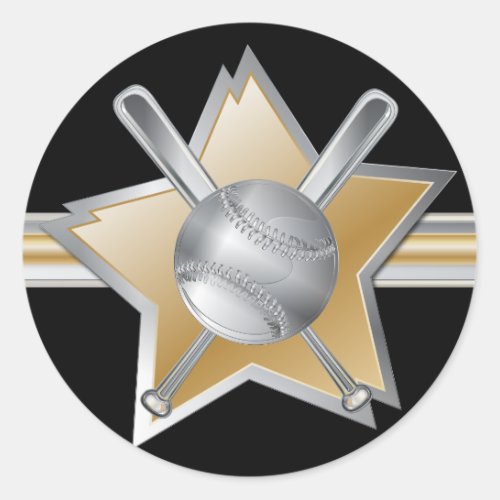 Gold and silver effect baseball star classic round sticker