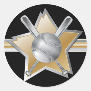Gold and silver effect baseball star classic round sticker