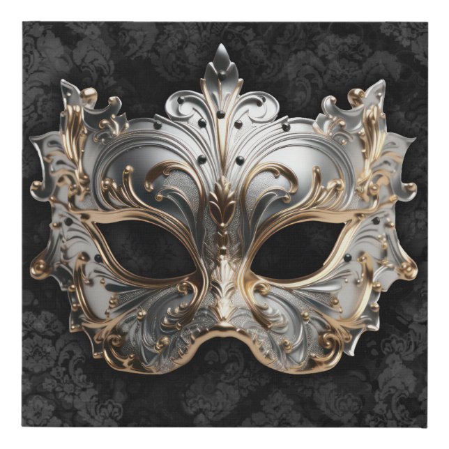 Gold and Silver Filigree Venetian Mask Faux Canvas Print (Front)