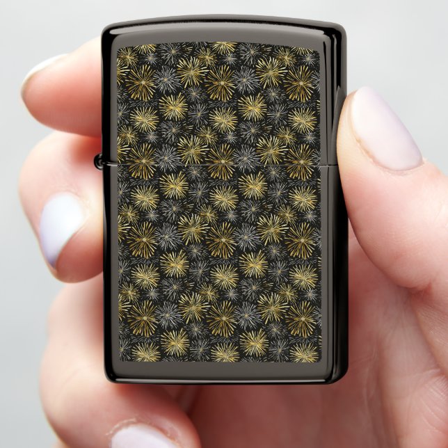 Gold and Silver Fireworks on Black Zippo Lighter (In Hand)