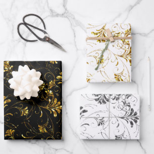Gold and Silver Floral Pattern Wrapping Paper Sheets